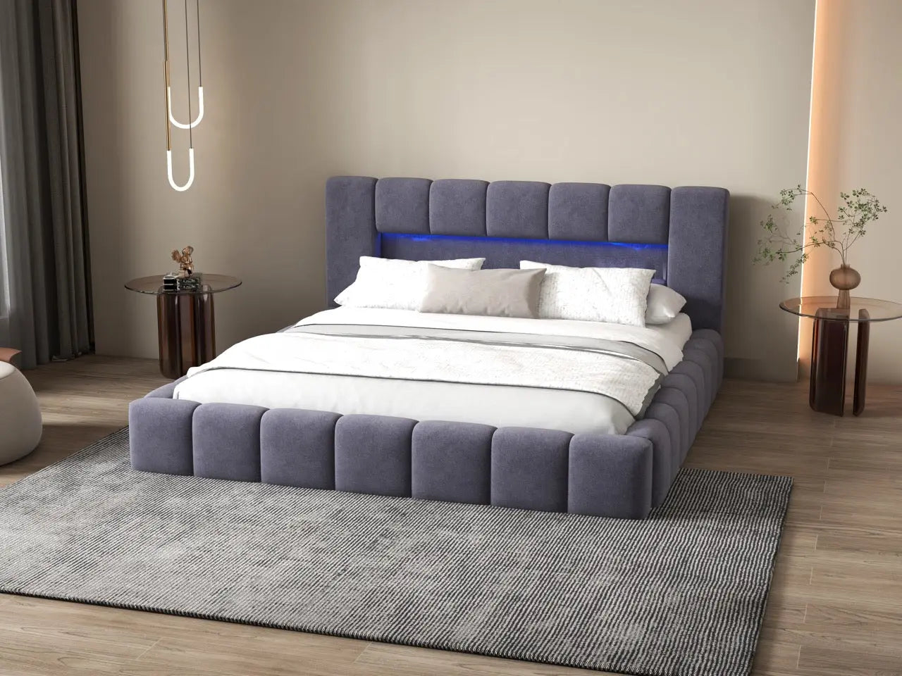 Pat dormitor dumonde, tapitat gri cu LED si USB, Palermo 180x200 cm, somiera rabatabila inclusa, spatiu depozitare