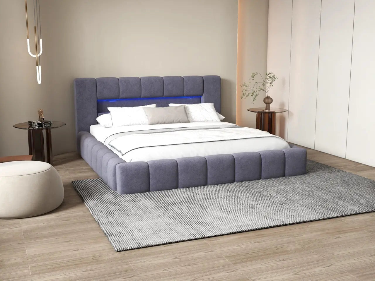 Pat dormitor dumonde, tapitat gri cu LED si USB, Palermo 180x200 cm, somiera rabatabila inclusa, spatiu depozitare