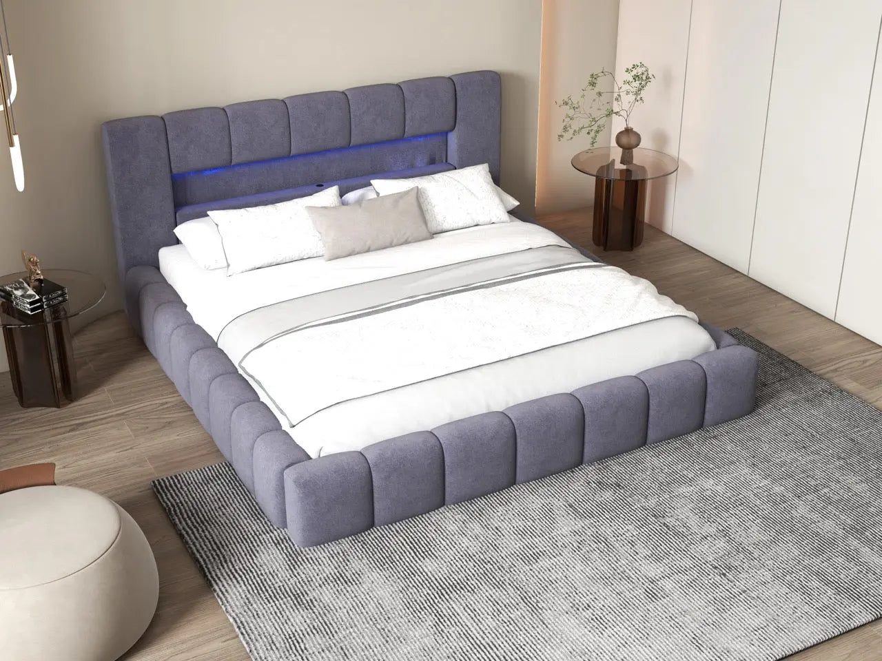 Pat dormitor dumonde, tapitat gri cu LED si USB, Palermo 180x200 cm, somiera rabatabila inclusa, spatiu depozitare