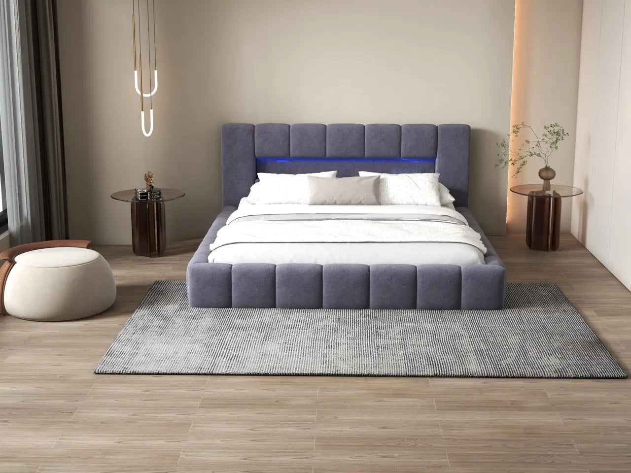 Pat dormitor dumonde, tapitat gri cu LED si USB, Palermo 180x200 cm, somiera rabatabila inclusa, spatiu depozitare