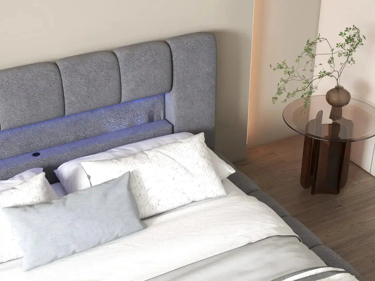 Pat dormitor dumonde, tapitat gri cu LED si USB, Palermo 140x200 cm, somiera rabatabila inclusa, spatiu depozitare