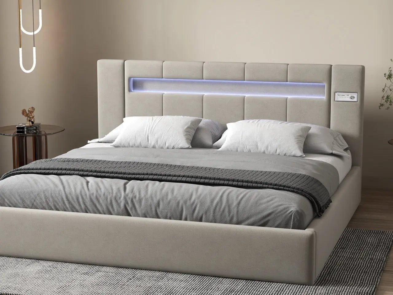 Pat dormitor dumonde, tapitat bej cu LED si SISTEM AUDIO, Glow 160x200 cm, somiera rabatabila inclusa, spatiu depozitare