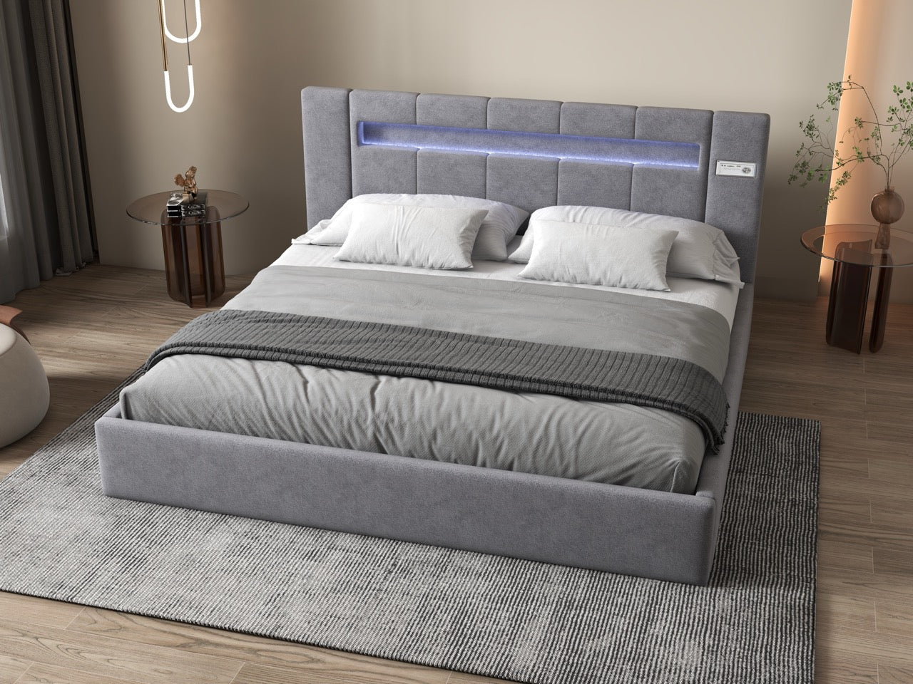 Pat dormitor dumonde, tapitat gri cu LED si SISTEM AUDIO, Glow 160x200 cm, somiera rabatabila inclusa, spatiu depozitare