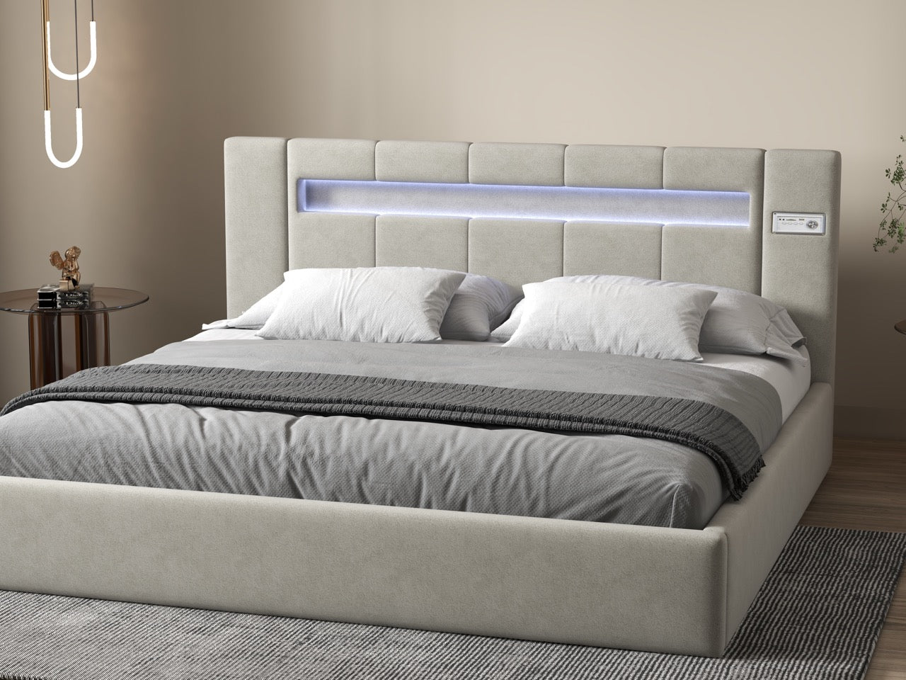 Pat dormitor dumonde, tapitat bej cu LED si SISTEM AUDIO, Glow 160x200 cm, somiera rabatabila inclusa, spatiu depozitare
