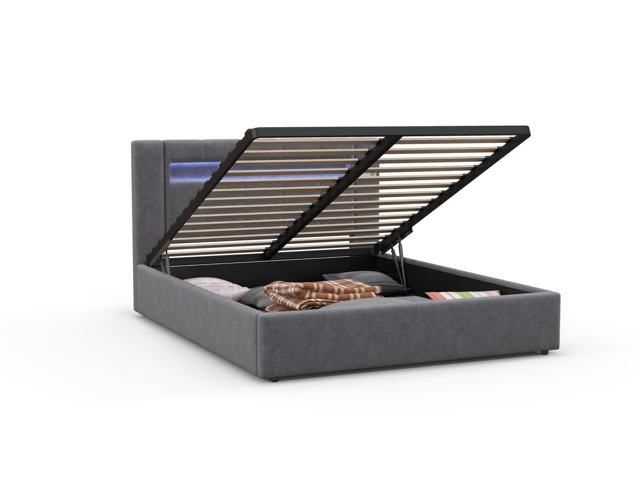 Pat dormitor dumonde, tapitat gri cu LED si SISTEM AUDIO, Glow 160x200 cm, somiera rabatabila inclusa, spatiu depozitare