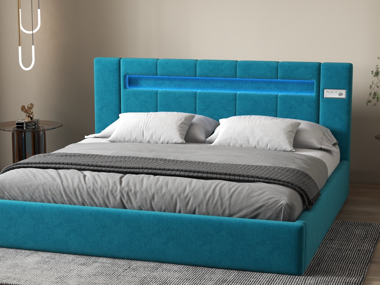 Pat dormitor dumonde, tapitat turcoaz cu LED si SISTEM AUDIO, Glow 160x200 cm, somiera rabatabila inclusa, spatiu depozitare