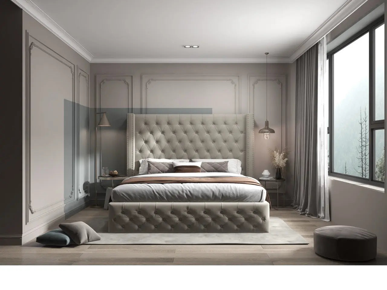 Pat dormitor dumonde, tapitat bej, Luxory 180x200 cm, somiera rabatabila inclusa, spatiu depozitare