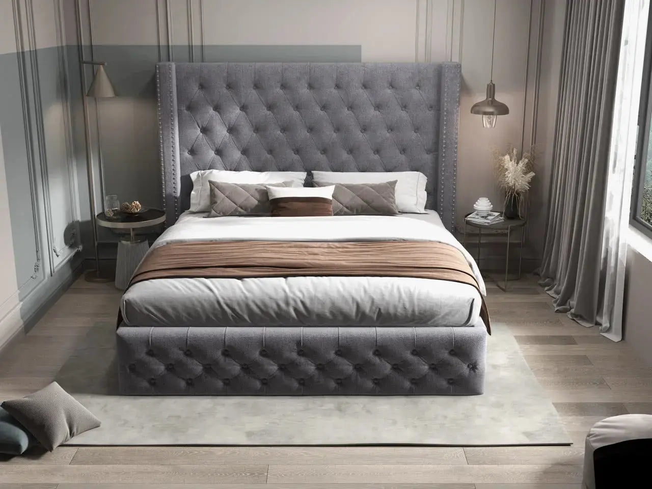Pat dormitor dumonde, tapitat gri, Luxory 160x200 cm, somiera rabatabila inclusa, spatiu depozitare