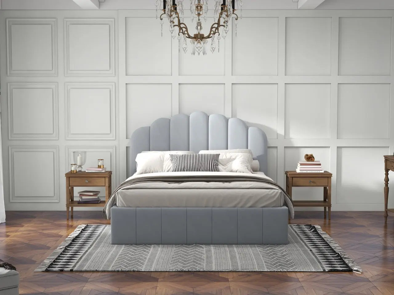 Pat dormitor dumonde, tapitat gri, Amira 180x200 cm, somiera rabatabila inclusa, spatiu depozitare