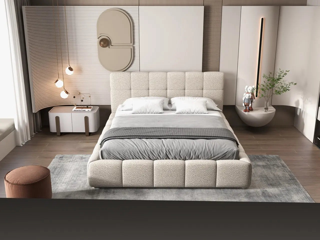 Pat dormitor dumonde, tapitat bej, Lima 180x200 cm, somiera rabatabila inclusa, spatiu depozitare
