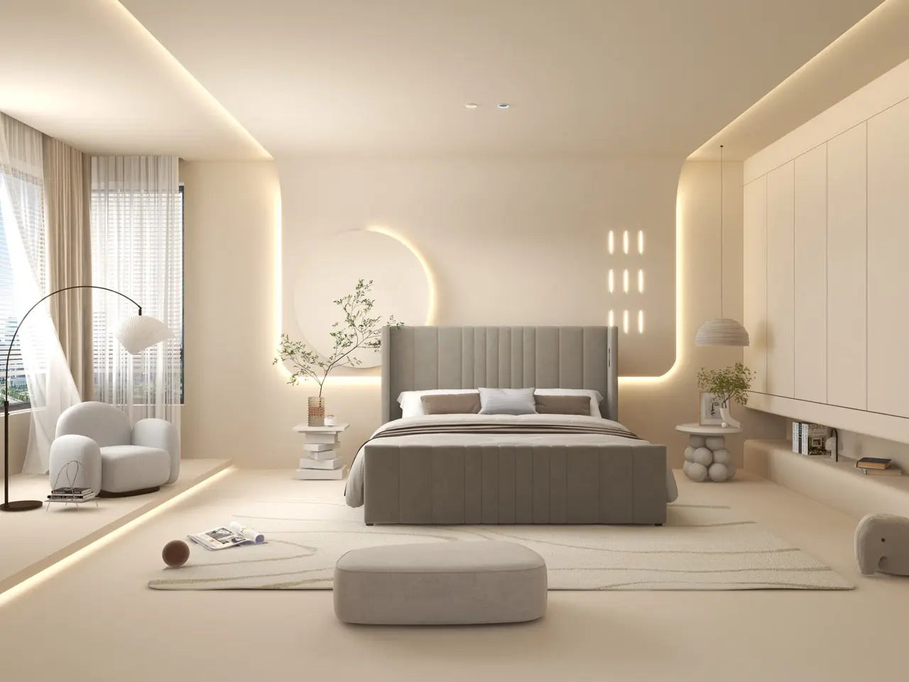 Pat dormitor dumonde, tapitat bej, cu LED, USB, Lisbon 160x200 cm, somiera rabatabila inclusa, spatiu depozitare