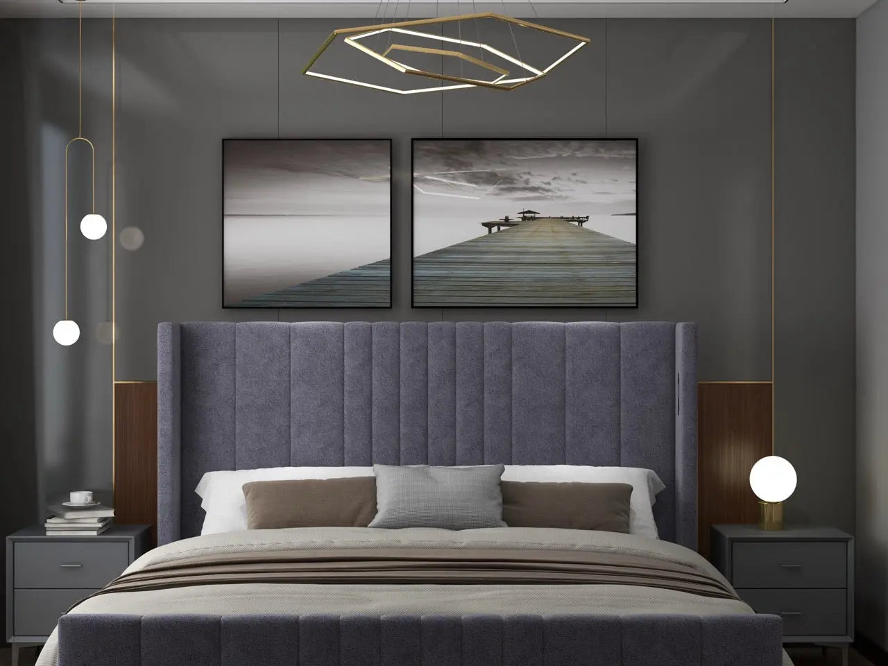 Pat dormitor dumonde, tapitat gri, cu LED, USB, Lisbon 160x200 cm, somiera rabatabila inclusa, spatiu depozitare