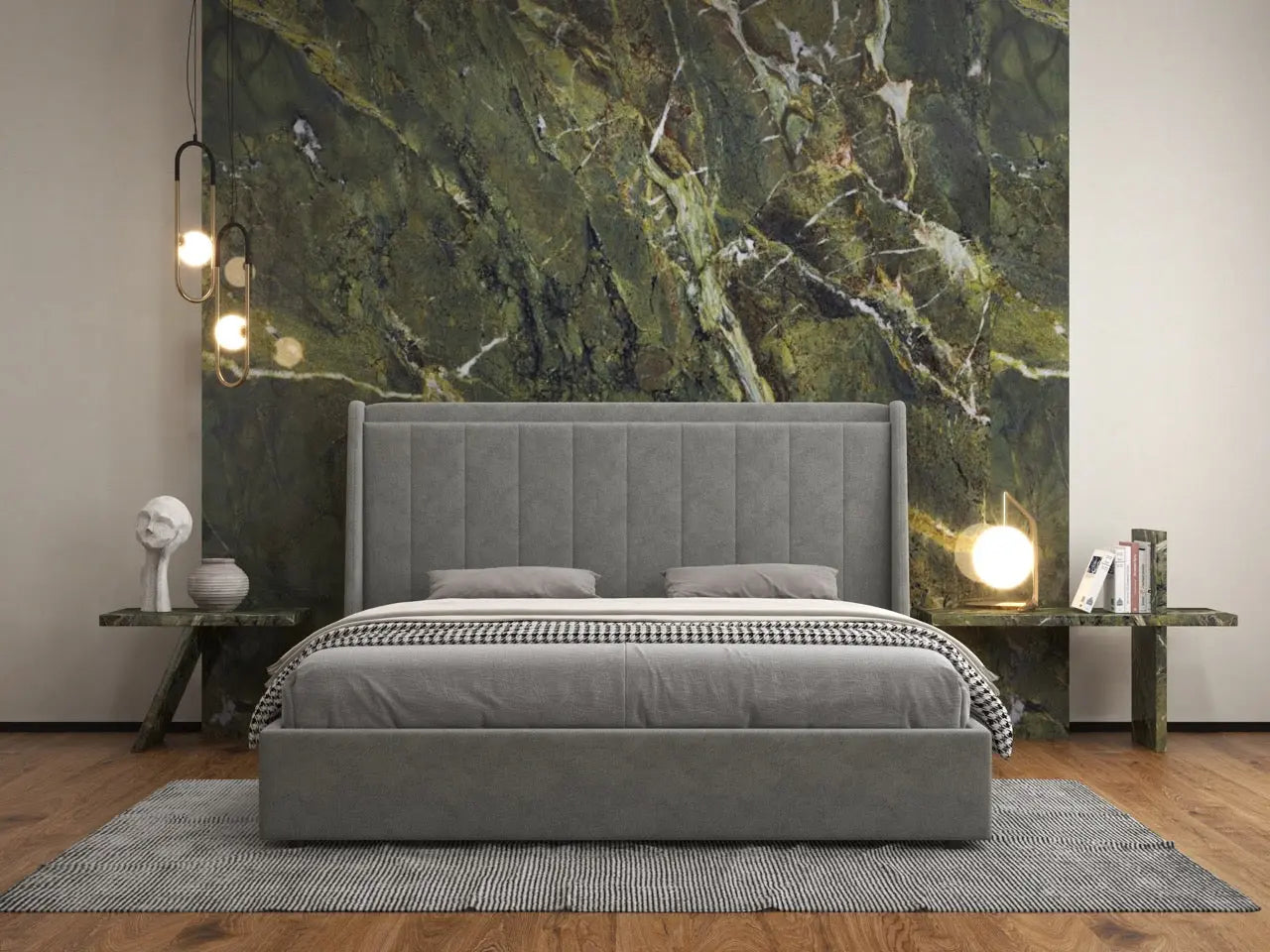 Pat dormitor dumonde, tapitat gri, Montreal 160x200 cm, somiera rabatabila inclusa, spatiu depozitare
