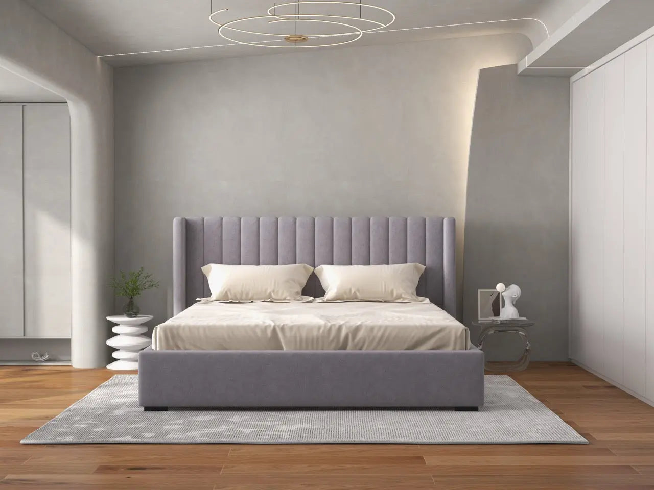 Pat dormitor tapitat gri, Marco 160x200 cm, somiera rabatabila inclusa, spatiu depozitare
