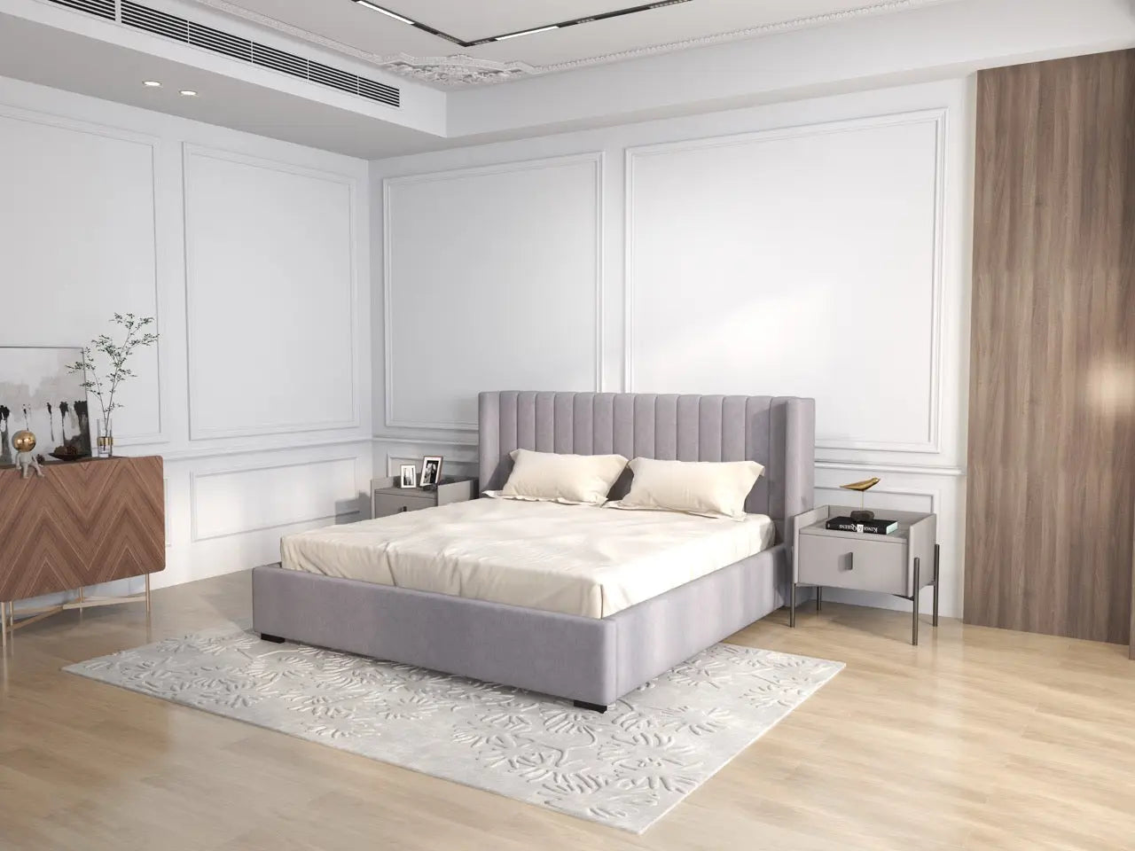 Pat dormitor dumonde, tapitat gri, Marco 140x200 cm, somiera rabatabila inclusa, spatiu depozitare