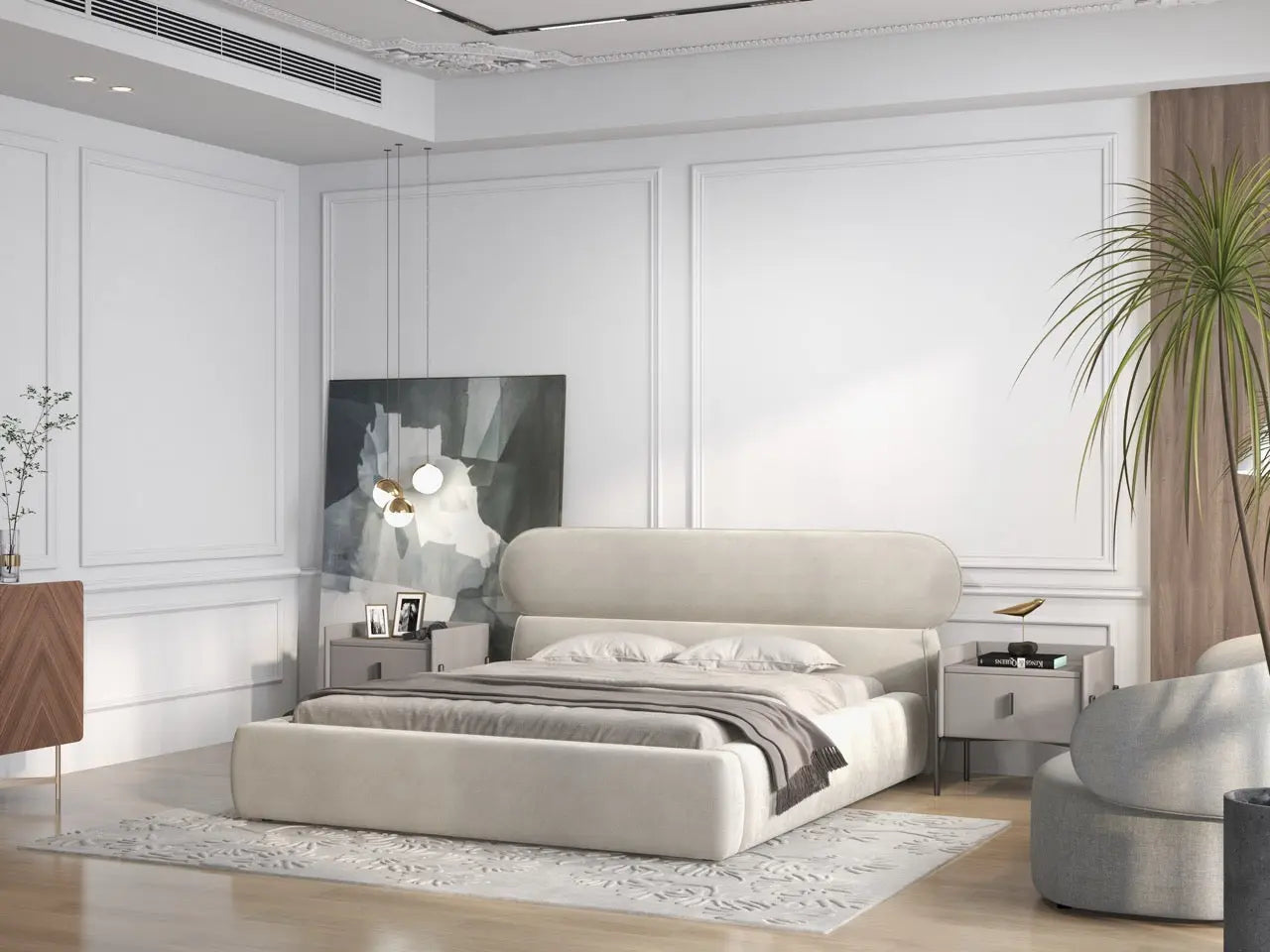 Pat dormitor tapitat bej, Amos 160x200 cm, somiera rabatabila inclusa, spatiu depozitare