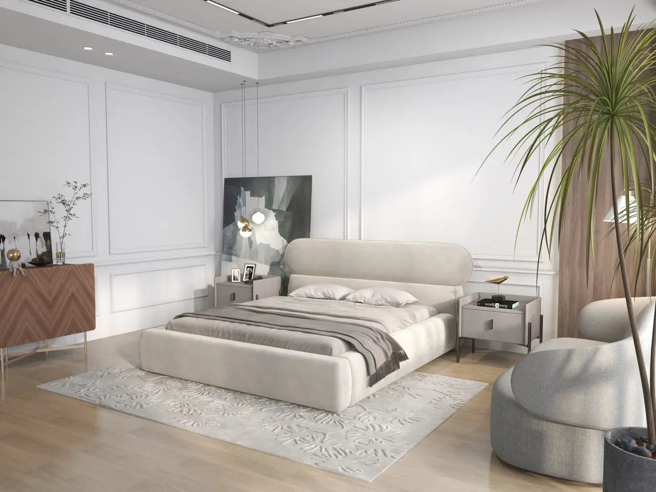Pat dormitor tapitat bej, Amos 160x200 cm, somiera rabatabila inclusa, spatiu depozitare