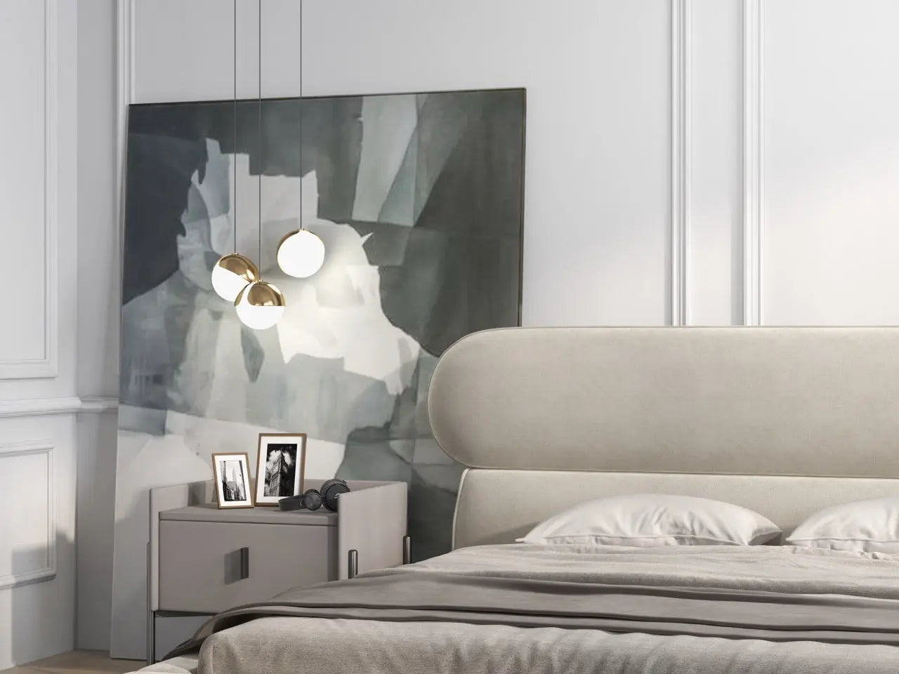 Pat dormitor tapitat bej, Amos 160x200 cm, somiera rabatabila inclusa, spatiu depozitare