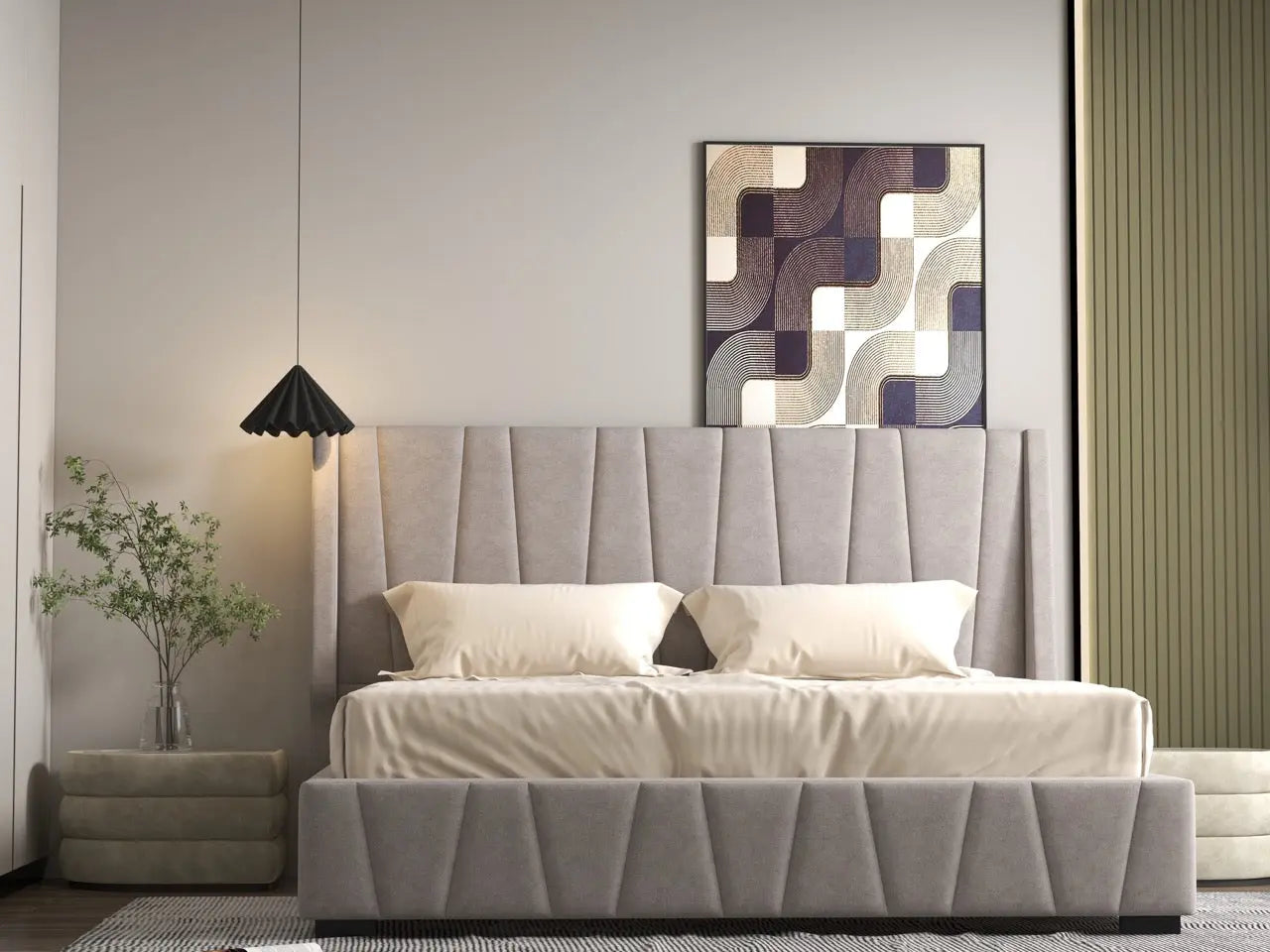 Pat dormitor dumonde, tapitat gri, Ibiza 160x200 cm, somiera rabatabila inclusa, spatiu depozitare