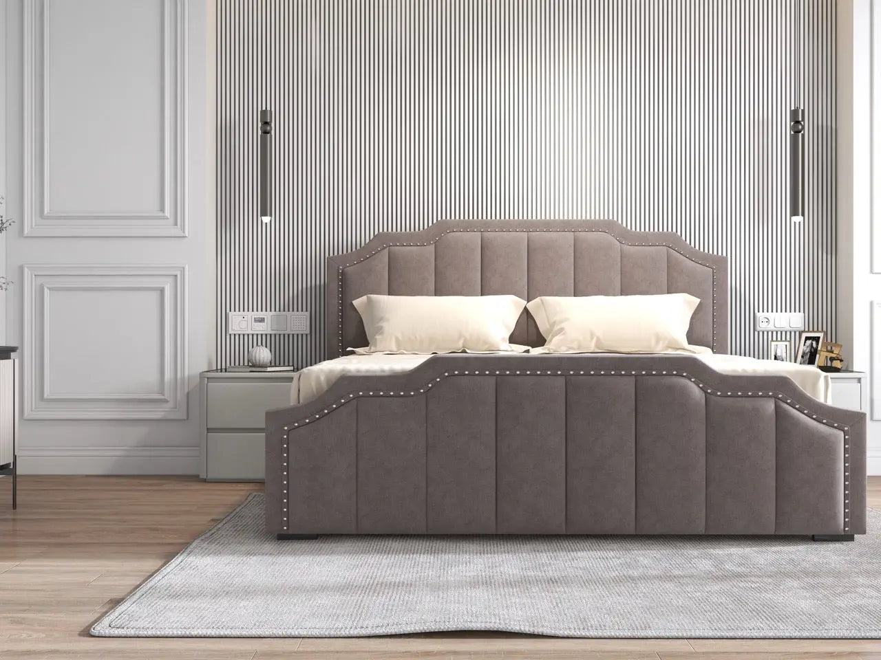 Pat dormitor tapitat bej, Hugo 160x200 cm, somiera rabatabila inclusa, spatiu depozitare