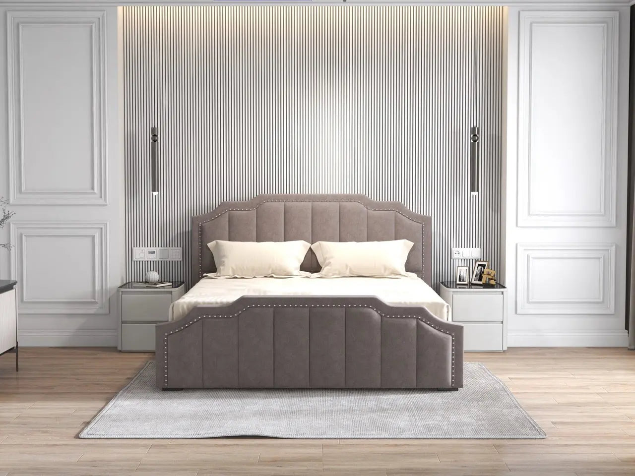 Pat dormitor tapitat bej, Hugo 160x200 cm, somiera rabatabila inclusa, spatiu depozitare