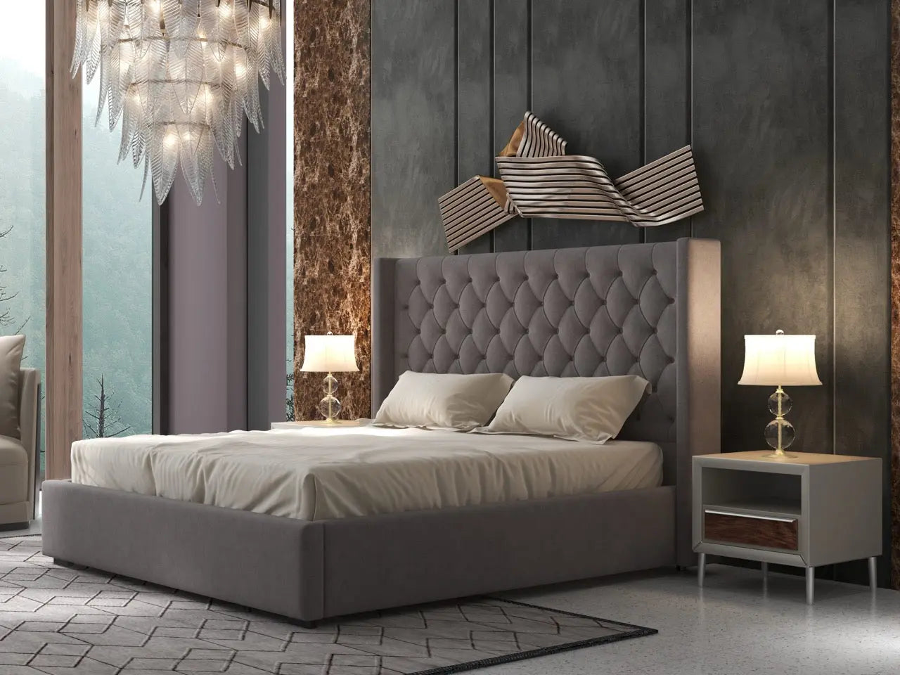 Pat dormitor dumonde, tapitat gri, Luxury 160x200 cm, somiera rabatabila inclusa, spatiu depozitare