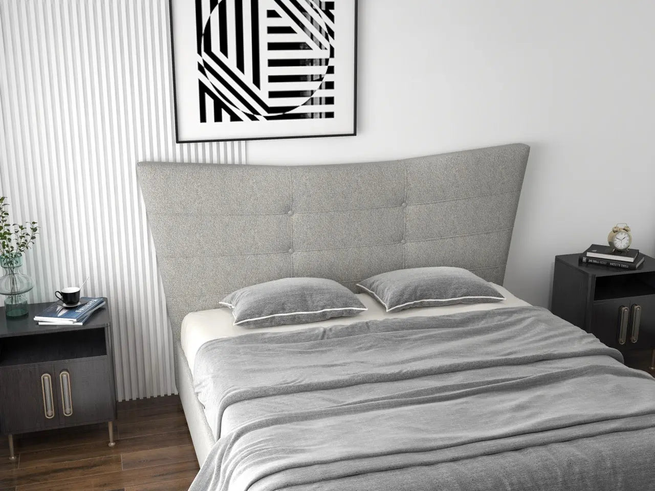 Pat dormitor dumonde, tapitat bej, Mattias 160x200 cm, somiera rabatabila inclusa, spatiu depozitare