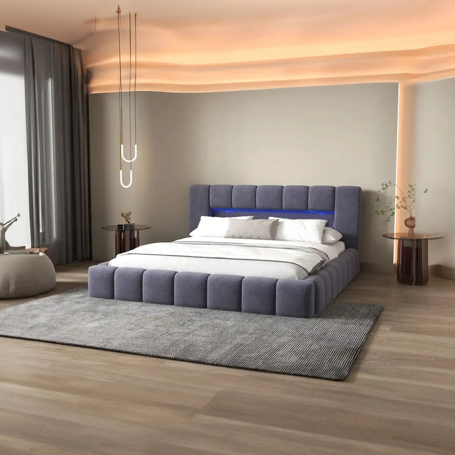 Pat dormitor dumonde, tapitat gri cu LED si USB, Palermo 180x200 cm, somiera rabatabila inclusa, spatiu depozitare