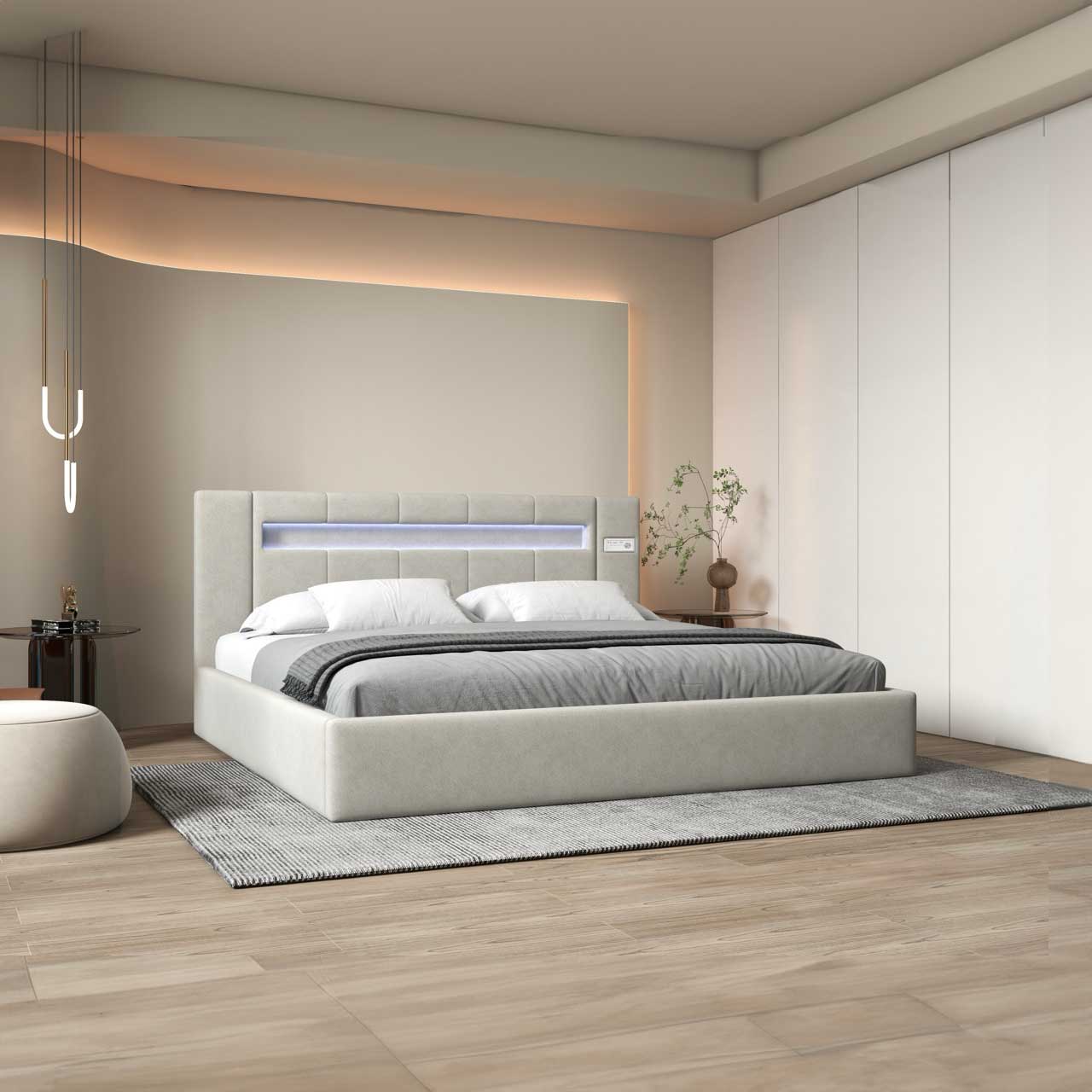 Pat dormitor dumonde, tapitat bej cu LED si SISTEM AUDIO, Glow 160x200 cm, somiera rabatabila inclusa, spatiu depozitare