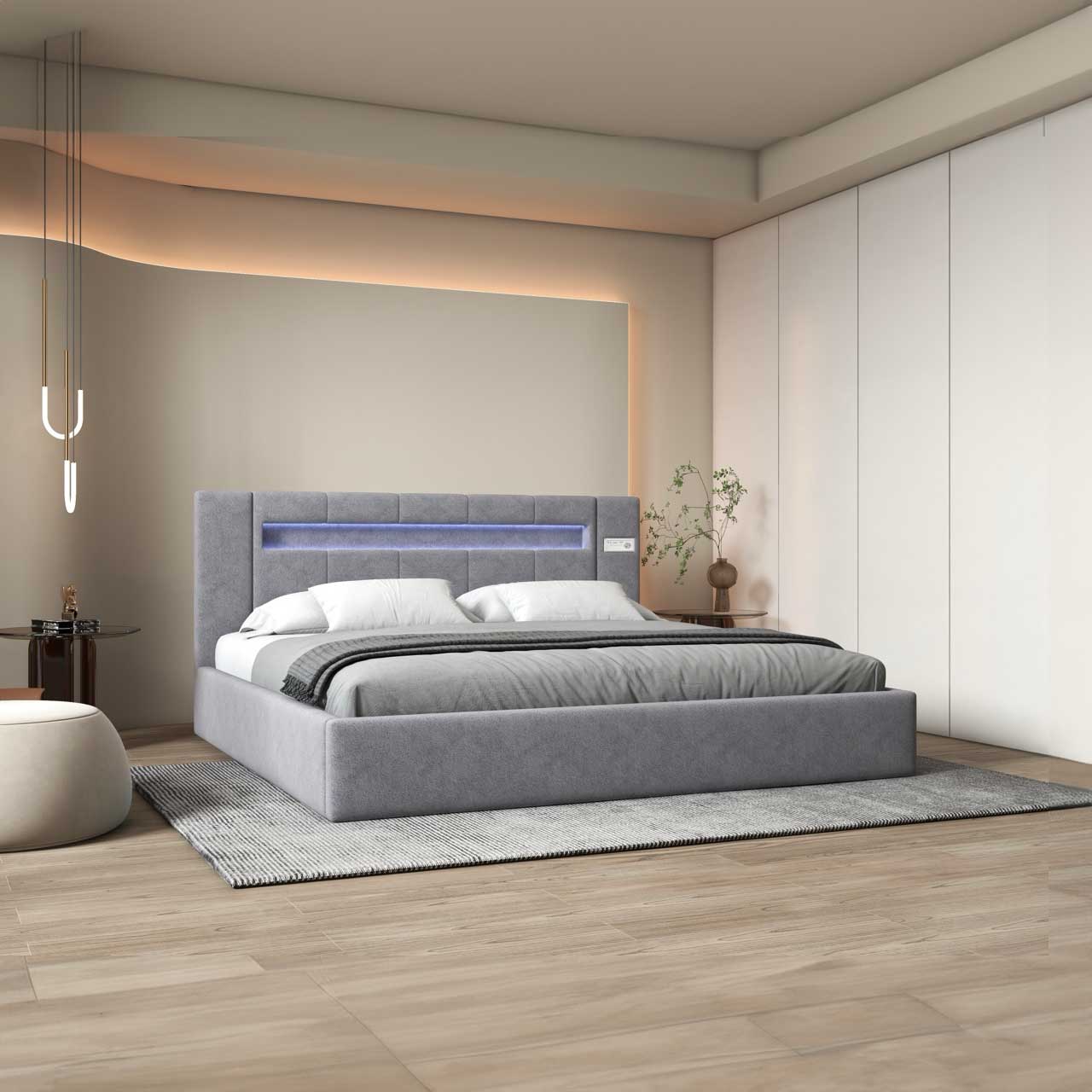 Pat dormitor dumonde, tapitat gri cu LED si SISTEM AUDIO, Glow 160x200 cm, somiera rabatabila inclusa, spatiu depozitare