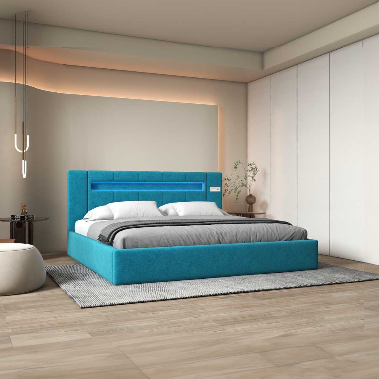 Pat dormitor dumonde, tapitat turcoaz cu LED si SISTEM AUDIO, Glow 160x200 cm, somiera rabatabila inclusa, spatiu depozitare