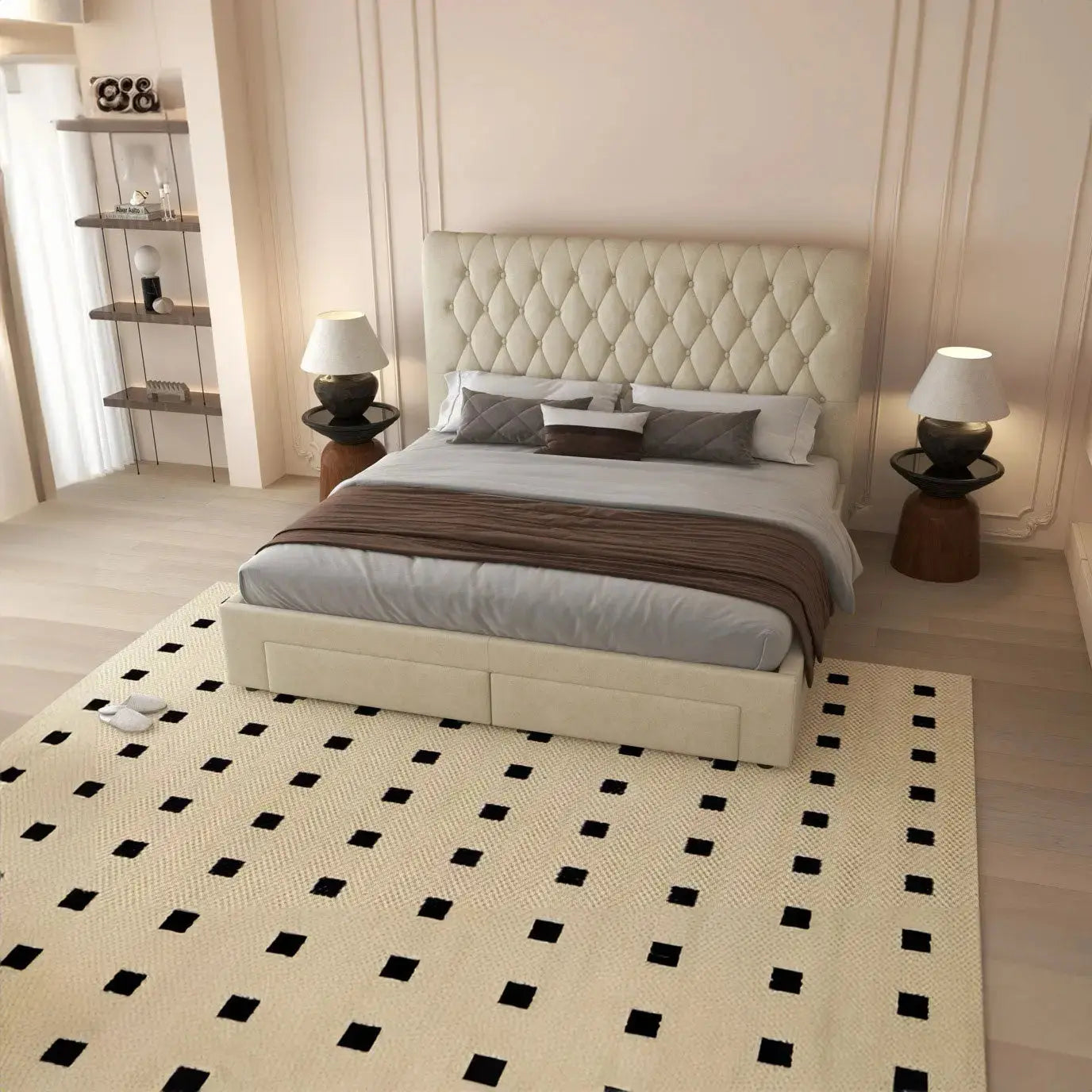 Pat dormitor dumonde, tapitat bej, Hypnos 180x200 cm, somiera inclusa, spatiu depozitare