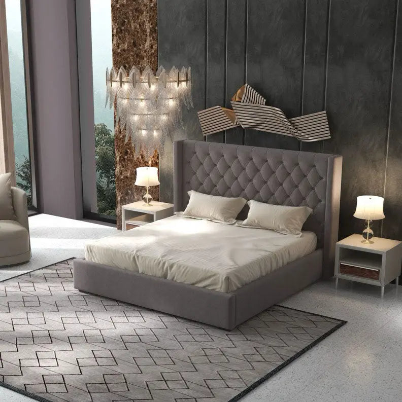 Pat dormitor dumonde, tapitat gri, Luxury 160x200 cm, somiera rabatabila inclusa, spatiu depozitare