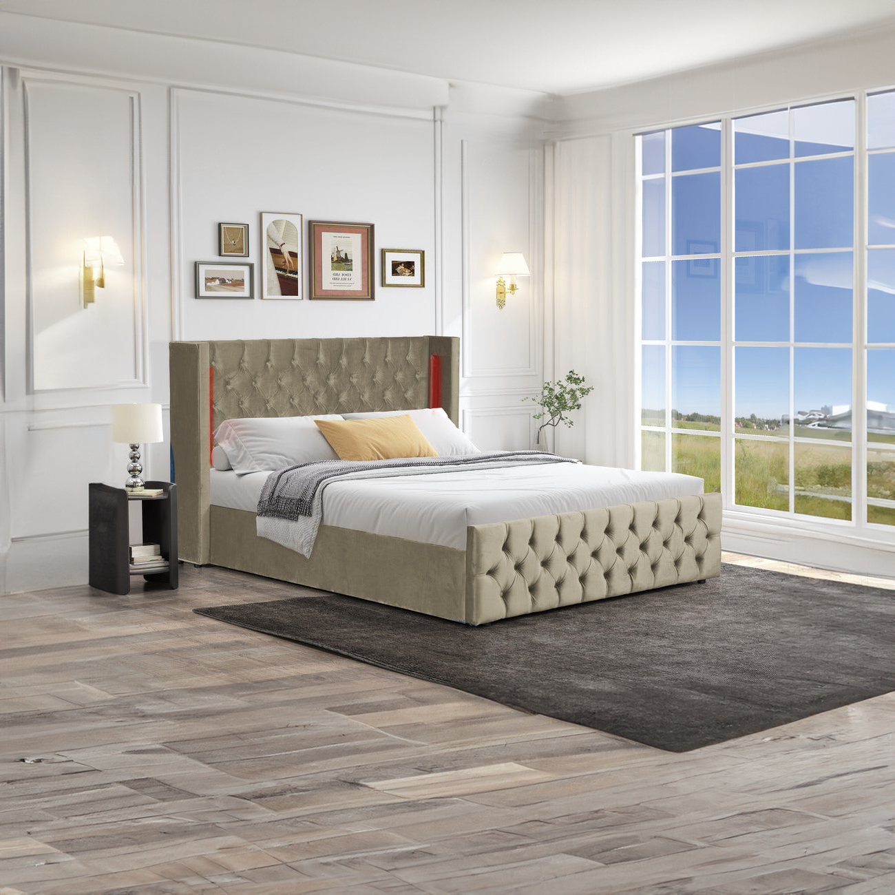 Pat dormitor dumonde, tapitat albastru cu LED, Nisa 2 180x200 cm, somiera rabatabila inclusa, spatiu depozitare