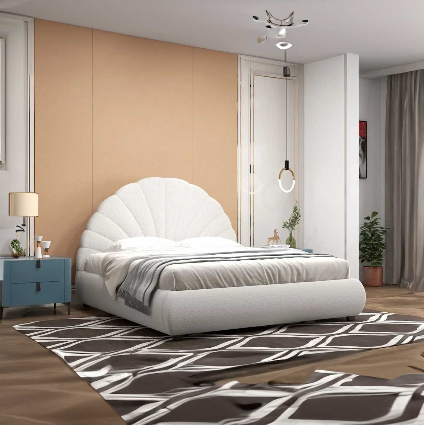 Pat dormitor dumonde, tapitat alb, Pallas 160x200 cm, somiera rabatabila inclusa, spatiu depozitare