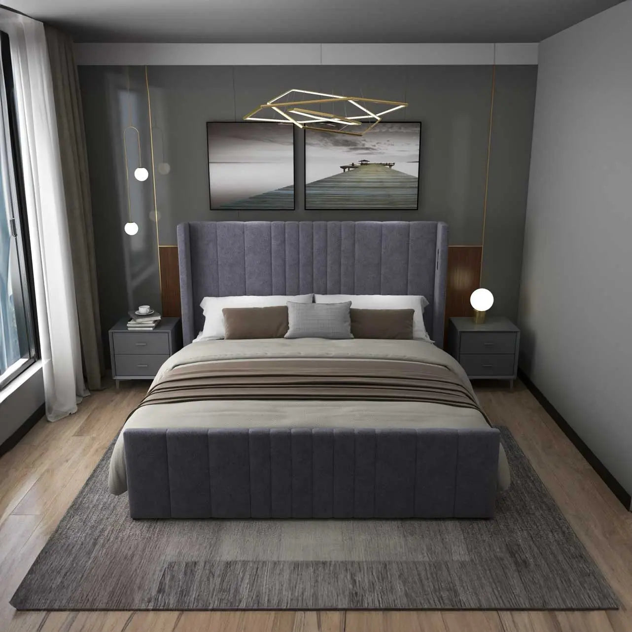 Pat dormitor dumonde, tapitat gri, cu LED, USB, Lisbon 160x200 cm, somiera rabatabila inclusa, spatiu depozitare