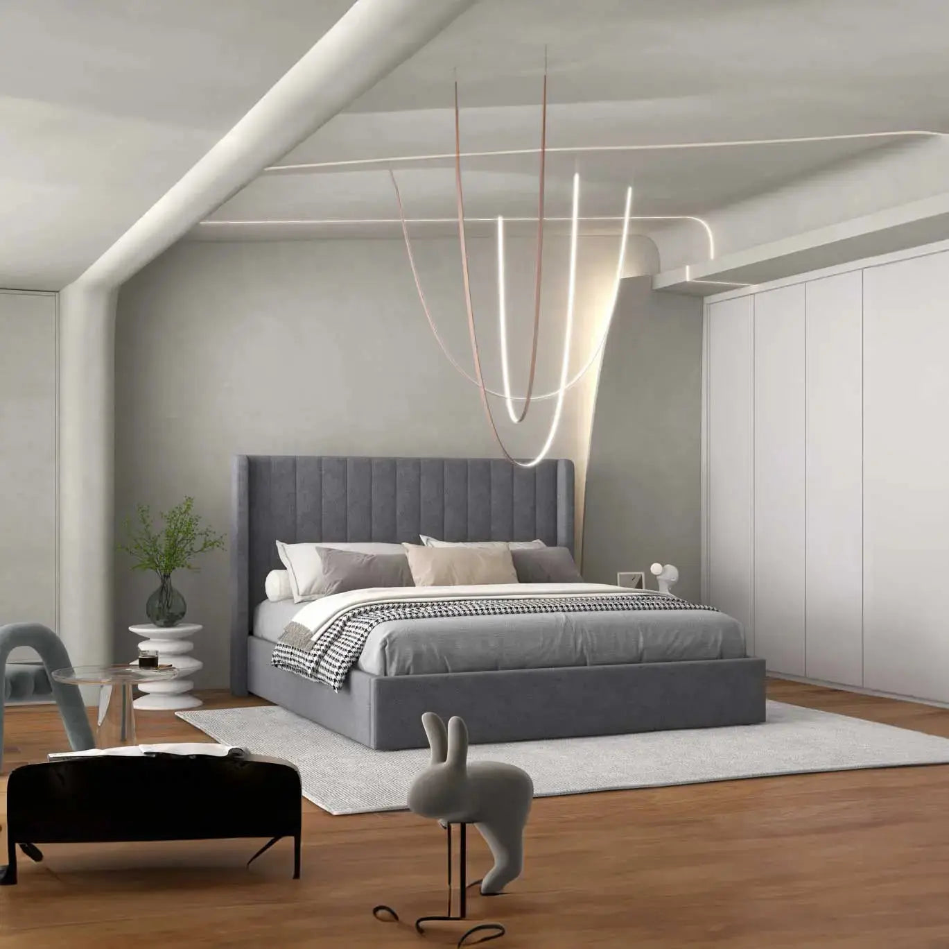 Pat dormitor dumonde, tapitat gri, Oslo 160x200 cm, somiera rabatabila inclusa, spatiu depozitare