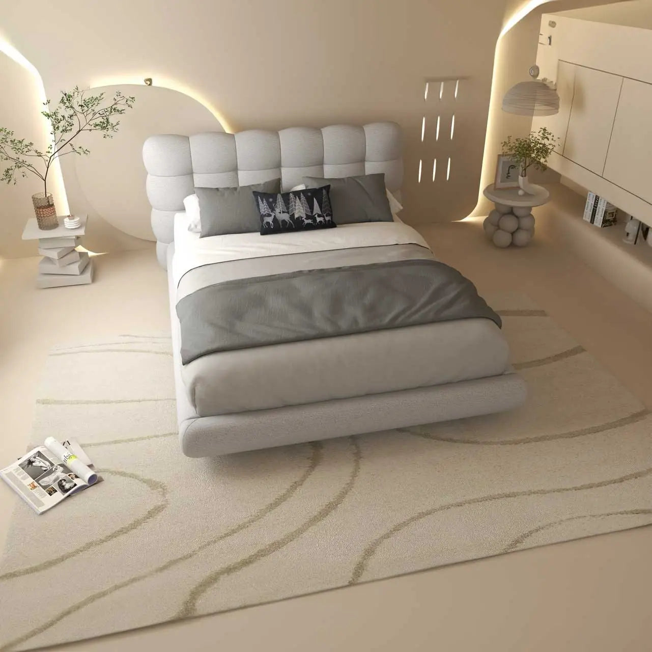 Pat dormitor dumonde, tapitat alb cu LED "floating bed" Cloud 180x200 cm, somiera inclusa