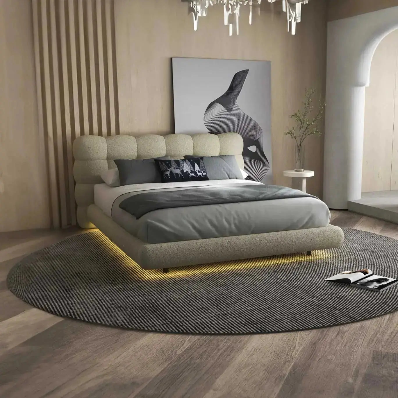 Pat dormitor dumonde, tapitat bej cu LED, "floating bed" Cloud 140x200 cm, somiera inclusa