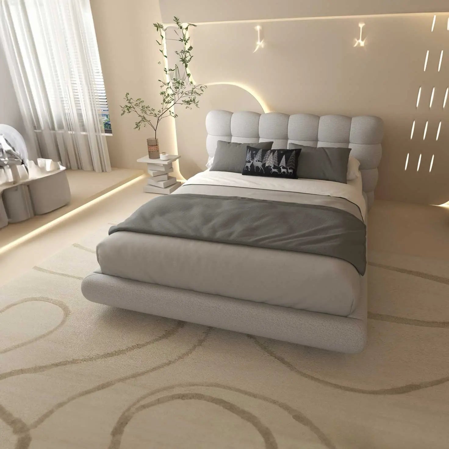 Pat dormitor dumonde, tapitat alb cu LED, "floating bed" Cloud 140x200 cm, somiera inclusa