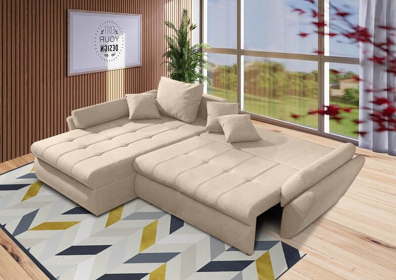 Colțar extensibil cu ladă de depozitare Loana Bej 275x185 cm | Dumonde Furniture & Deco Concept.