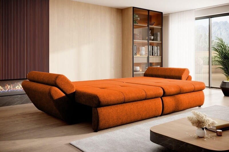 Canapea extensibilă cu ladă de depozitare si sezut confortabil din spuma HR, Loana Orange Jungle 300x100 cm