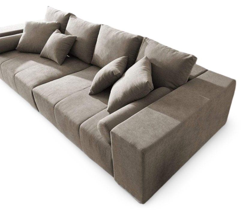 Canapea extensibilă cu ladă de depozitare si sezut confortabil din spuma HR, Marbela Bej XXL 295x100 cm cu taburet inclus
