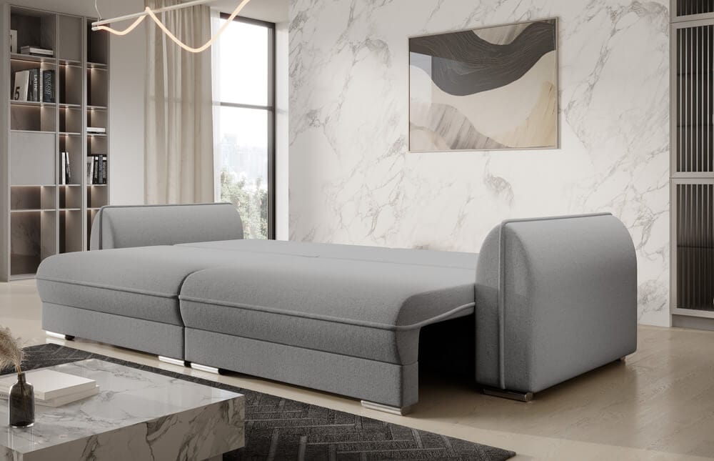 Canapea extensibilă cu ladă de depozitare si sezut confortabil din spuma HR, Denver Grey 300x100 cm
