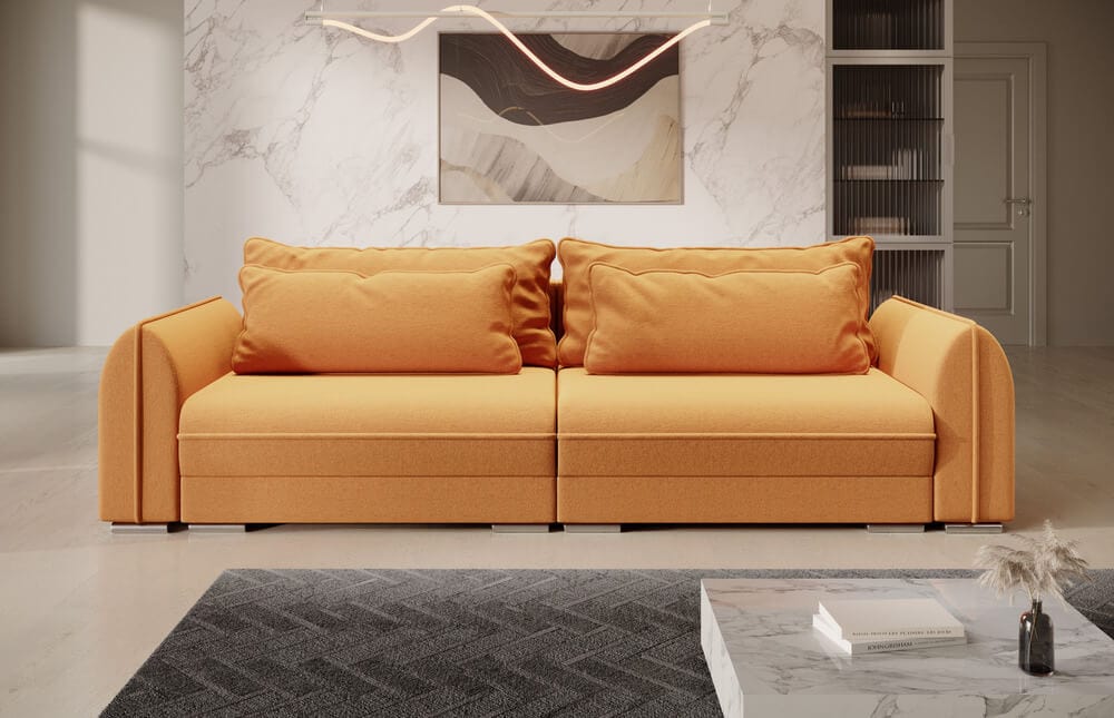 Canapea extensibilă cu ladă de depozitare si sezut confortabil din spuma HR, Denver Yellow 300x100 cm