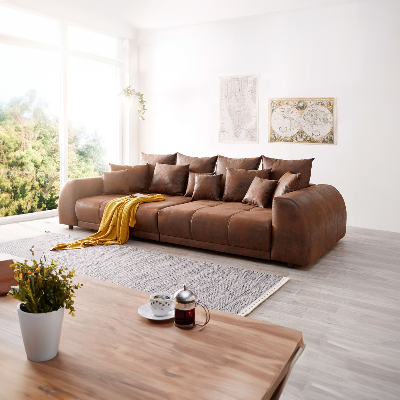 Canapea extensibilă dumonde cu 2 lăzi de depozitare si sezut confortabil din spuma HR, Big Sofa Verona Brown 310x100 cm