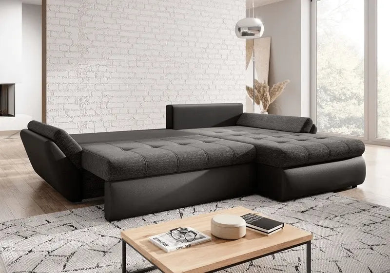 Colțar extensibil cu ladă de depozitare Loana Black 275x185 cm | Dumonde Furniture & Deco Concept.