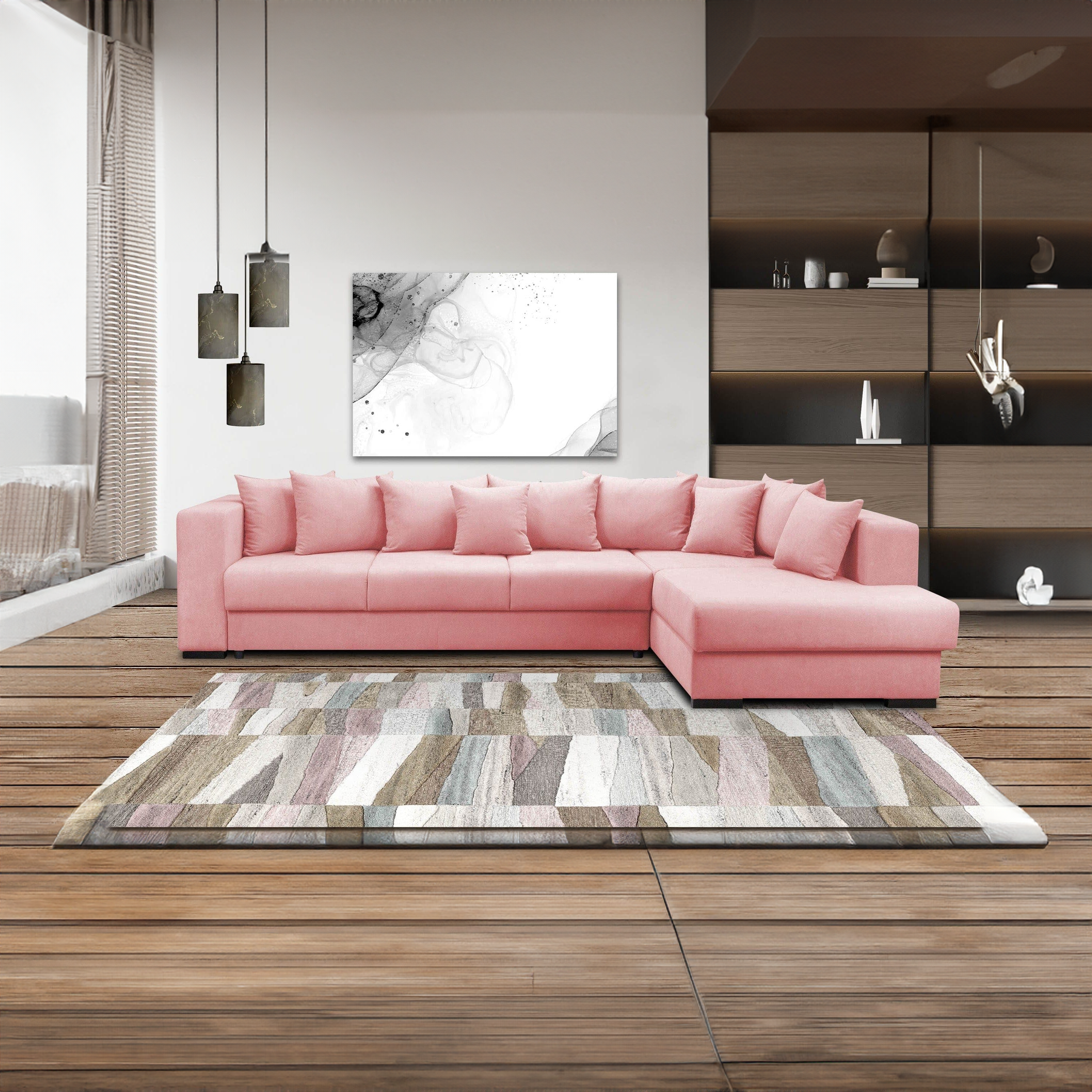 Colțar extensibil dumonde cu ladă de depozitare si sezut confortabil din spuma HR, Gloria Pink II 320x183 cm