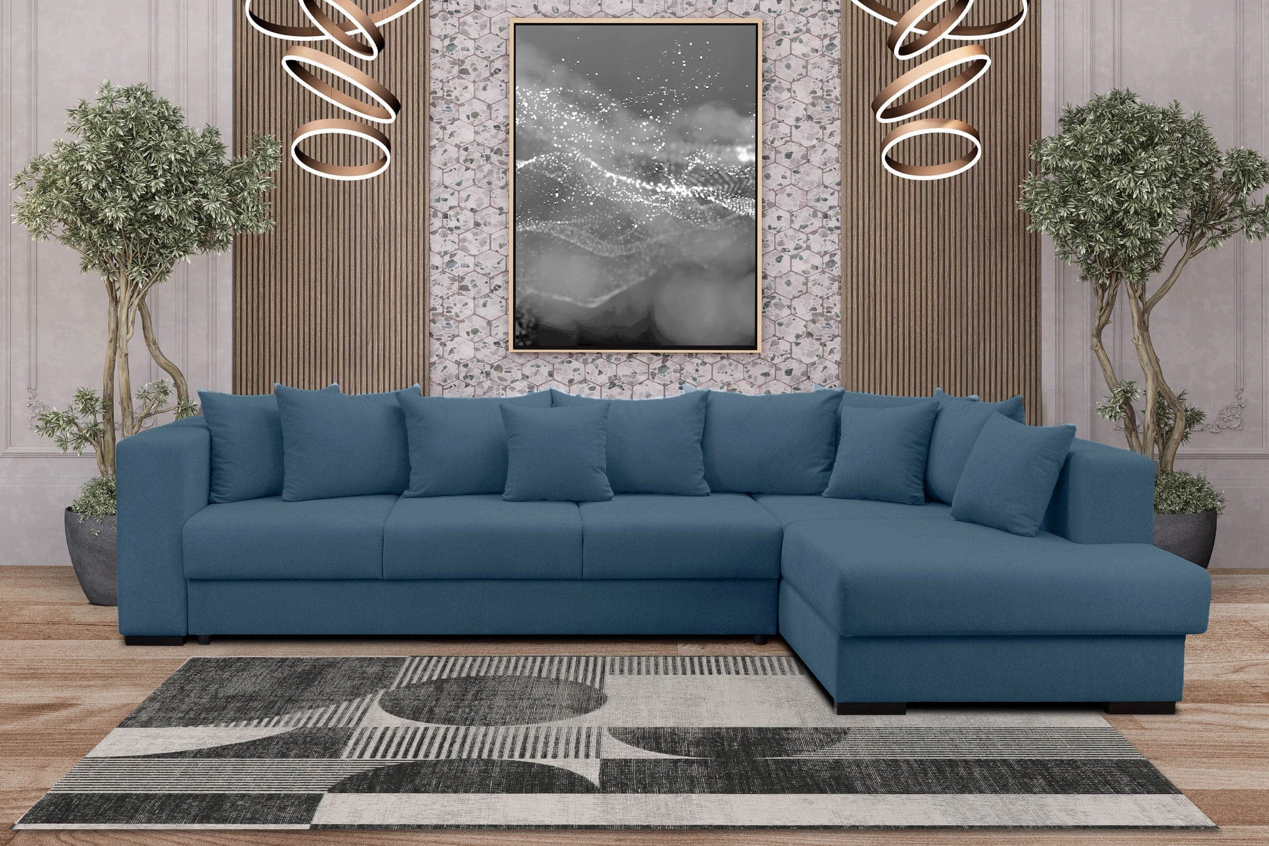 Colțar extensibil cu ladă de depozitare si sezut confortabil din spuma HR, Gloria Blue II 320x183 cm