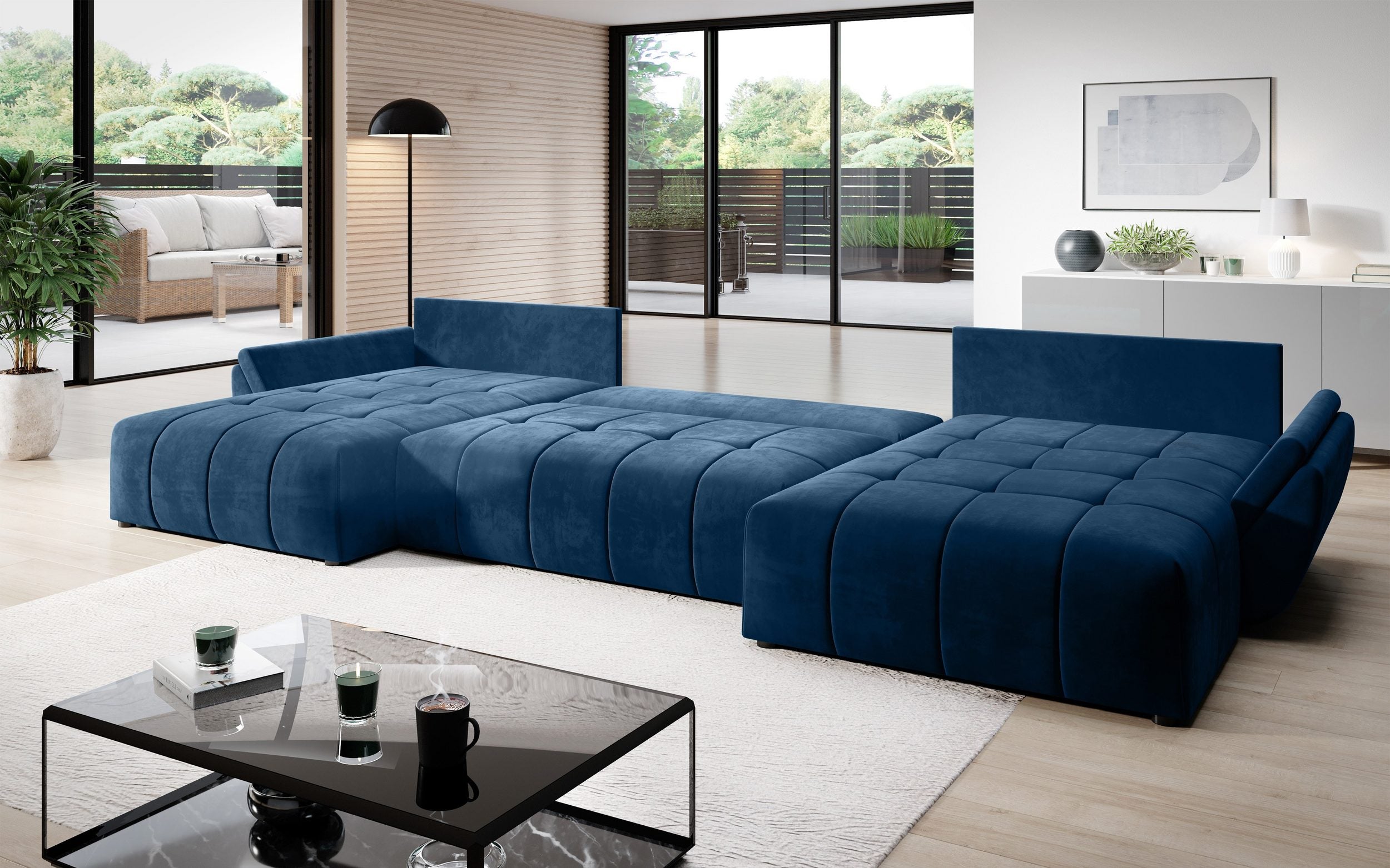 Colțar extensibil dumonde cu ladă de depozitare si sezut confortabil din spuma HR, Berlin U Blue 380x180 cm